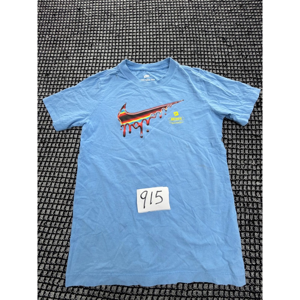 Nike Graphic T-Shirt Boys Medium Blue Good Rainbow Drip Swoosh Just Do It